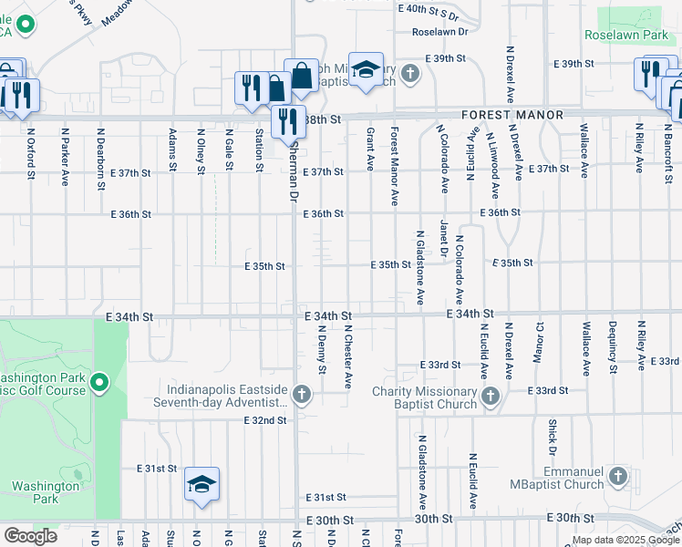 map of restaurants, bars, coffee shops, grocery stores, and more near 3425 North Chester Avenue in Indianapolis