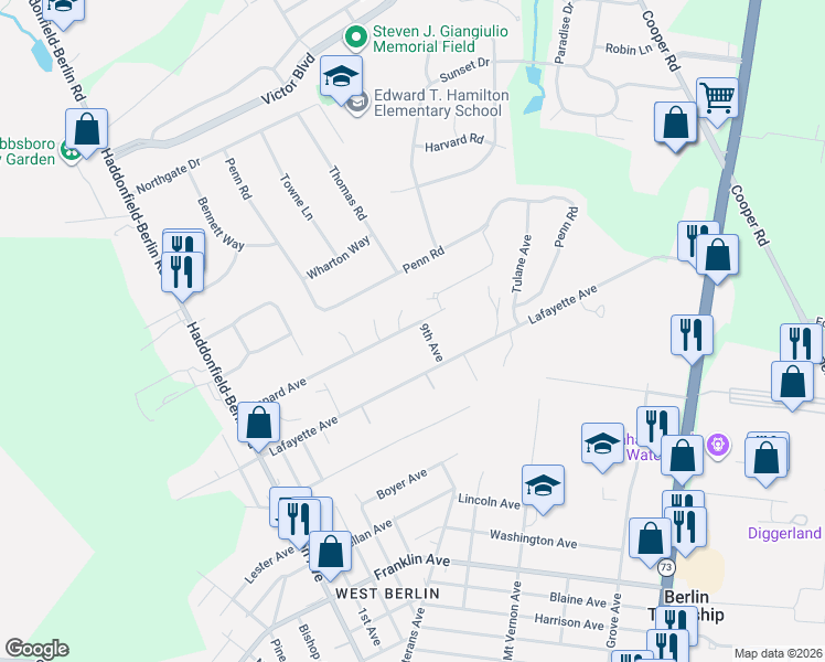 map of restaurants, bars, coffee shops, grocery stores, and more near 31 Lafayette Avenue in Voorhees Township