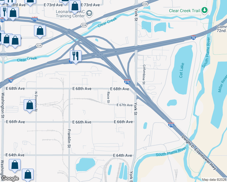 map of restaurants, bars, coffee shops, grocery stores, and more near 6700 Race Street in Denver
