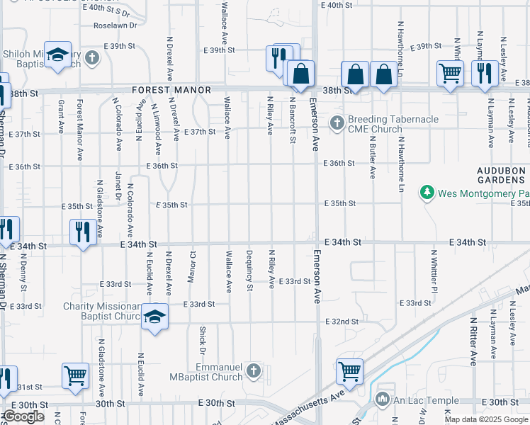 map of restaurants, bars, coffee shops, grocery stores, and more near 3420 North Riley Avenue in Indianapolis