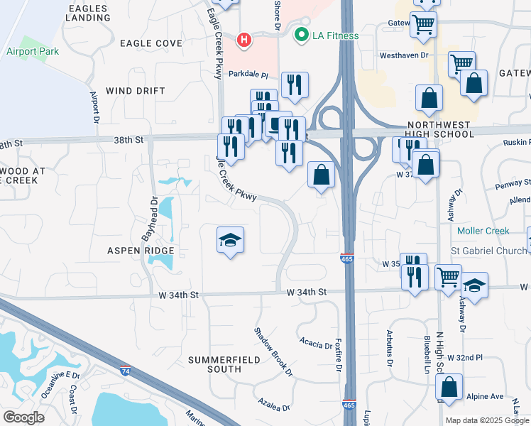 map of restaurants, bars, coffee shops, grocery stores, and more near 3543 Idlewood Terrace in Indianapolis