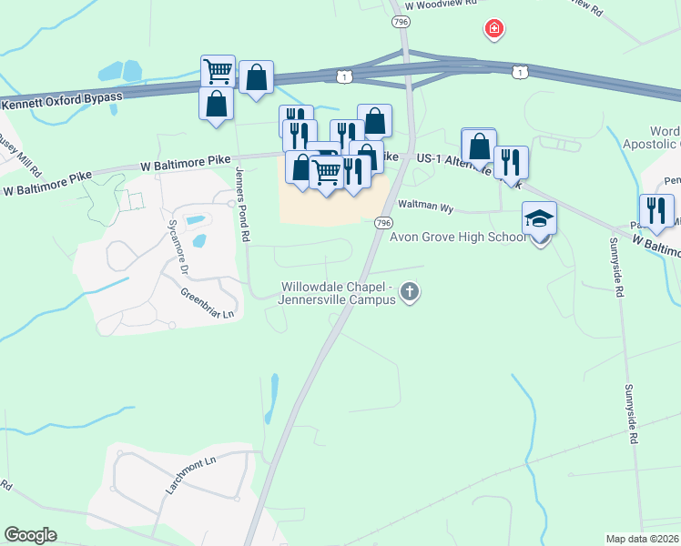 map of restaurants, bars, coffee shops, grocery stores, and more near 194 Rose View Drive in West Grove