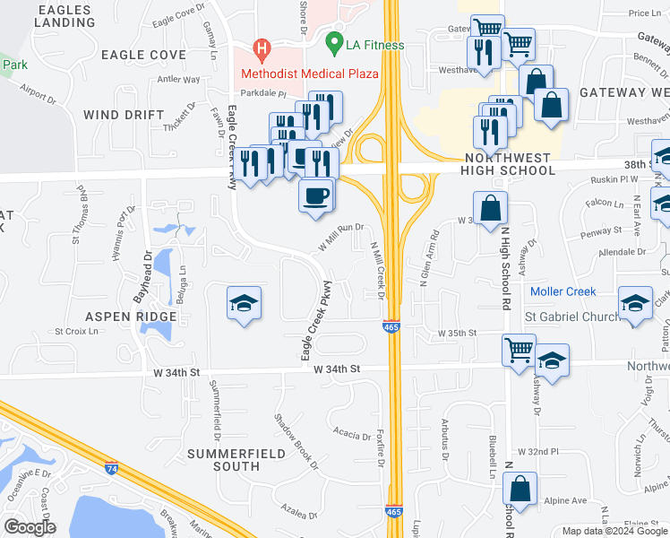 map of restaurants, bars, coffee shops, grocery stores, and more near 6710 West Hollow Run Drive in Indianapolis