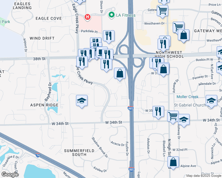 map of restaurants, bars, coffee shops, grocery stores, and more near 6710 West Hollow Run Drive in Indianapolis