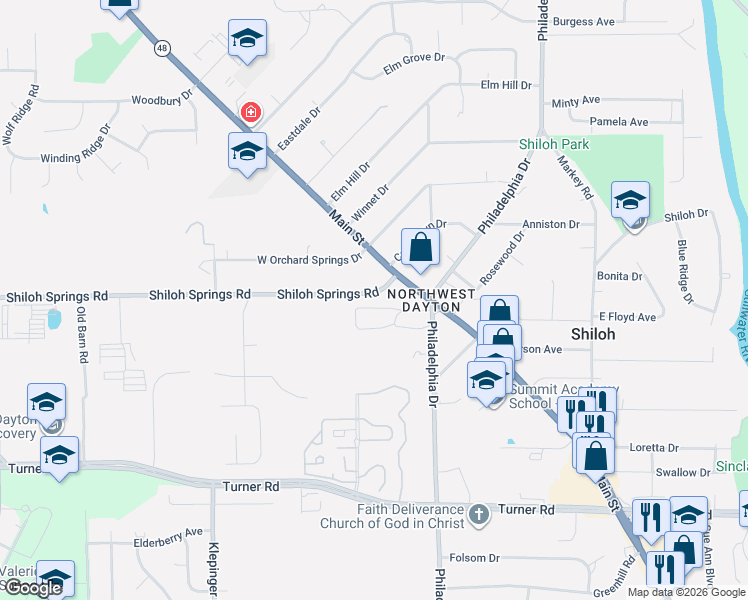 map of restaurants, bars, coffee shops, grocery stores, and more near 41 Shiloh Springs Road in Dayton