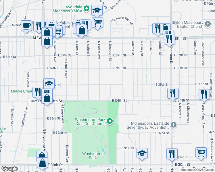 map of restaurants, bars, coffee shops, grocery stores, and more near 3520 North Dearborn Street in Indianapolis