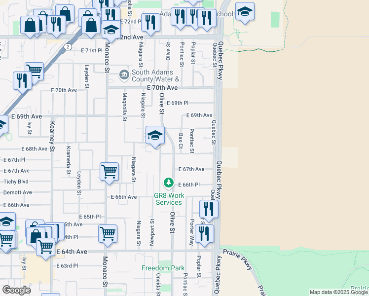map of restaurants, bars, coffee shops, grocery stores, and more near 6821 Pontiac Street in Commerce City