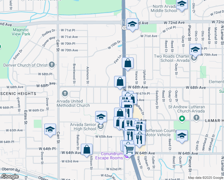 map of restaurants, bars, coffee shops, grocery stores, and more near 7650 West 68th Avenue in Arvada