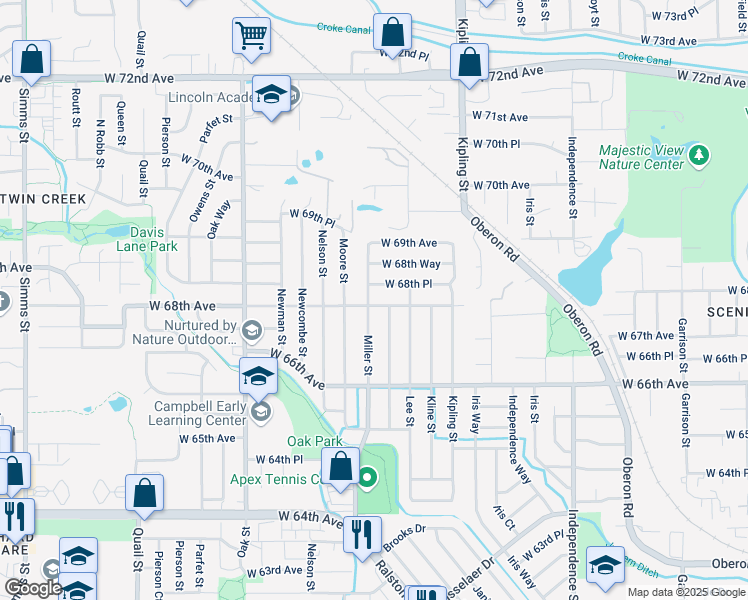 map of restaurants, bars, coffee shops, grocery stores, and more near 6837 Miller Street in Arvada