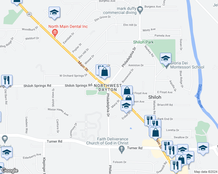 map of restaurants, bars, coffee shops, grocery stores, and more near 5812 North Main Street in Dayton