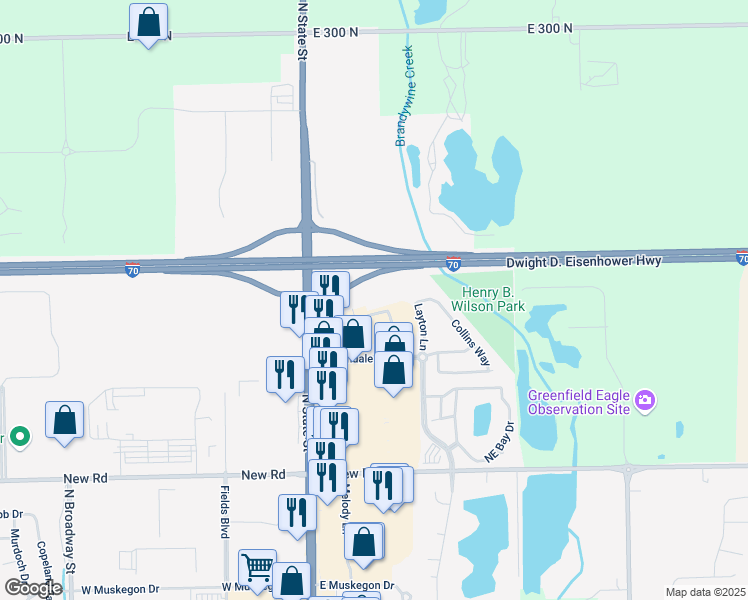 map of restaurants, bars, coffee shops, grocery stores, and more near 202 Barrett Drive in Greenfield