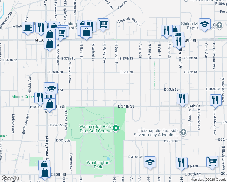map of restaurants, bars, coffee shops, grocery stores, and more near 3520 North Dearborn Street in Indianapolis