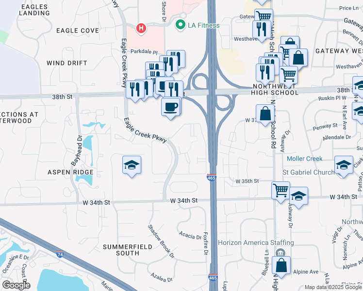 map of restaurants, bars, coffee shops, grocery stores, and more near 6705 West Mill Run Drive in Indianapolis