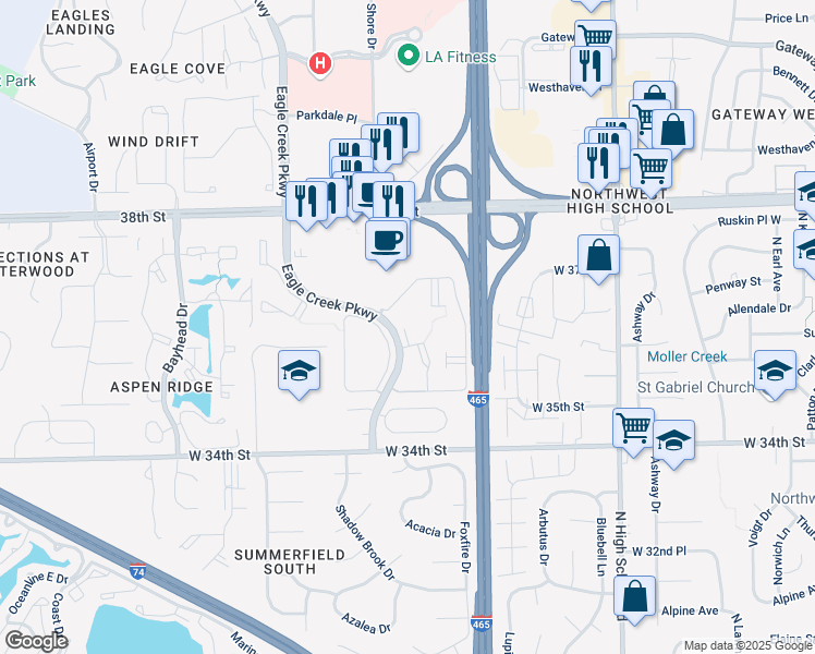 map of restaurants, bars, coffee shops, grocery stores, and more near 6705 West Mill Run Drive in Indianapolis