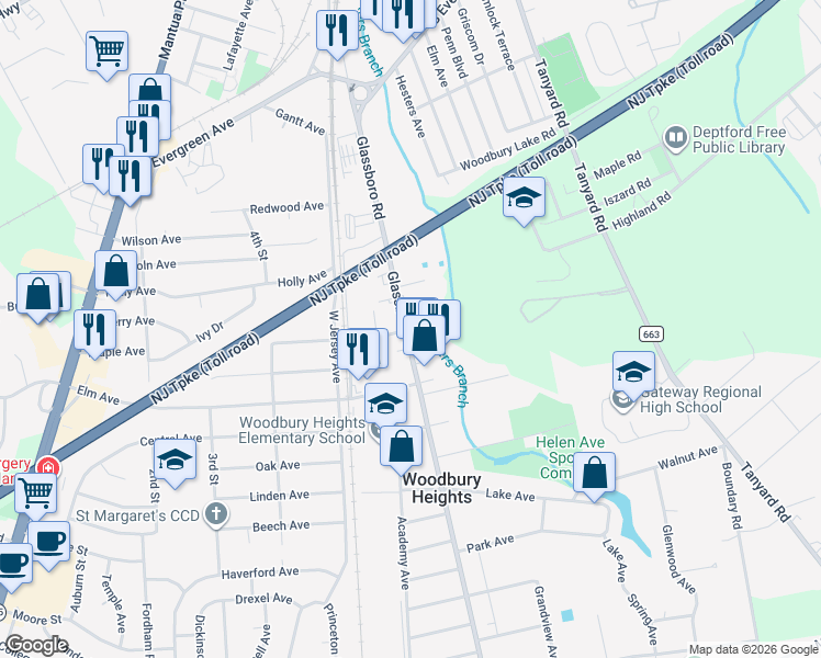 map of restaurants, bars, coffee shops, grocery stores, and more near 455 Glassboro Road in Woodbury Heights
