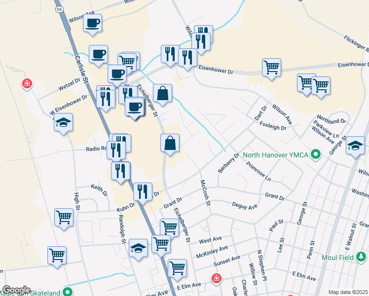 map of restaurants, bars, coffee shops, grocery stores, and more near 217 Kennedy Court in Hanover