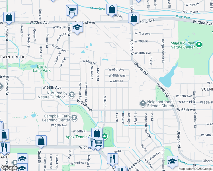 map of restaurants, bars, coffee shops, grocery stores, and more near 6837 Miller Street in Arvada