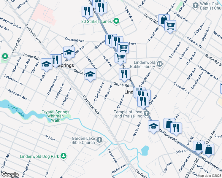 map of restaurants, bars, coffee shops, grocery stores, and more near 25 West Park Avenue in Lindenwold