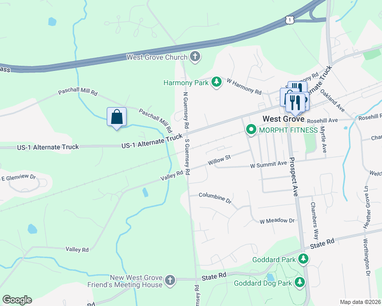 map of restaurants, bars, coffee shops, grocery stores, and more near 101 South Guernsey Road in West Grove