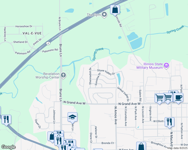 map of restaurants, bars, coffee shops, grocery stores, and more near 29 Lovell Valley Drive in Springfield