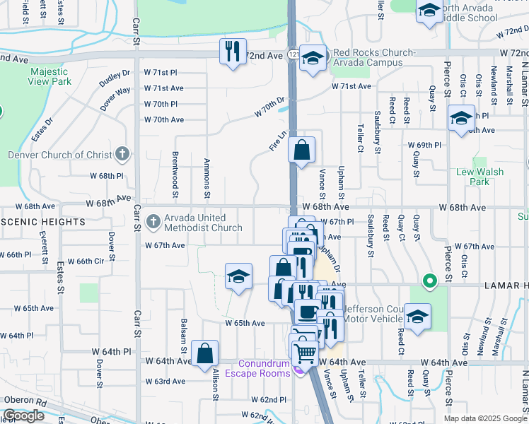 map of restaurants, bars, coffee shops, grocery stores, and more near 7700 West 68th Avenue in Arvada