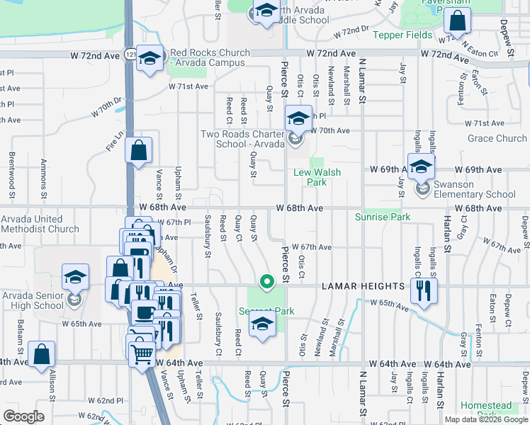 map of restaurants, bars, coffee shops, grocery stores, and more near 6845 West 68th Avenue in Arvada