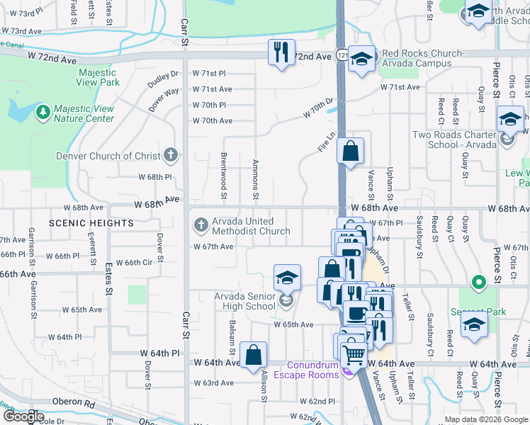 map of restaurants, bars, coffee shops, grocery stores, and more near 6830 Allison Street in Arvada