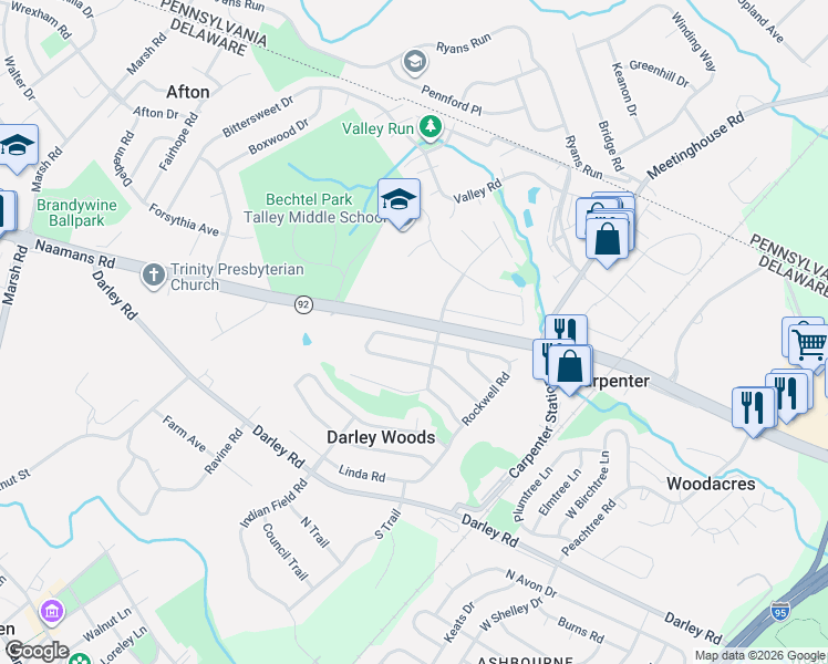map of restaurants, bars, coffee shops, grocery stores, and more near 1109 North Overhill Court in Wilmington