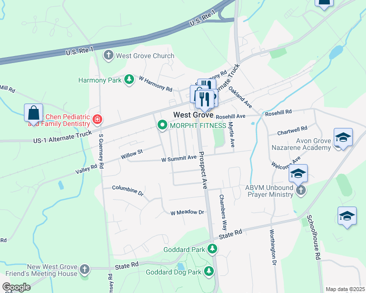 map of restaurants, bars, coffee shops, grocery stores, and more near 144 Jackson Avenue in West Grove