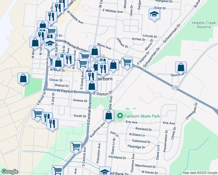 map of restaurants, bars, coffee shops, grocery stores, and more near 24 South Maple Avenue in Fairborn