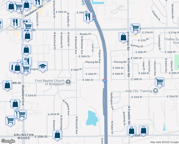 map of restaurants, bars, coffee shops, grocery stores, and more near 7610 East 35th Street in Indianapolis