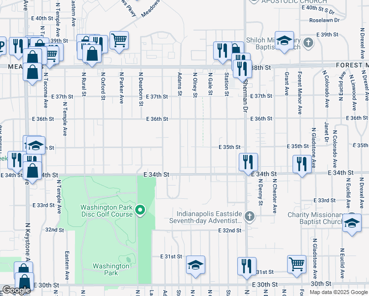 map of restaurants, bars, coffee shops, grocery stores, and more near 3514 North Olney Street in Indianapolis