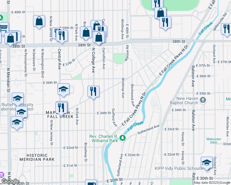 map of restaurants, bars, coffee shops, grocery stores, and more near 3531 Guilford Avenue in Indianapolis