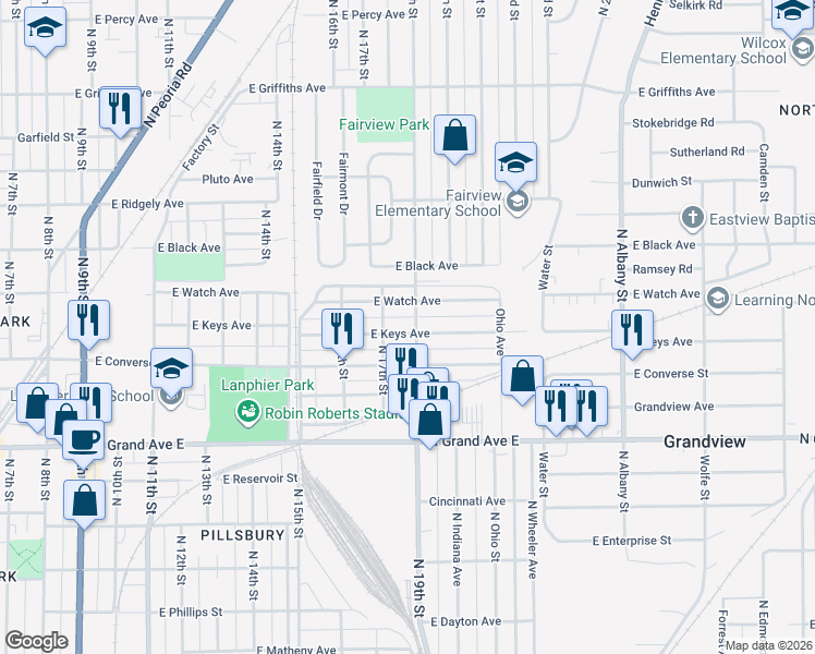 map of restaurants, bars, coffee shops, grocery stores, and more near 1708 East Watch Avenue in Springfield