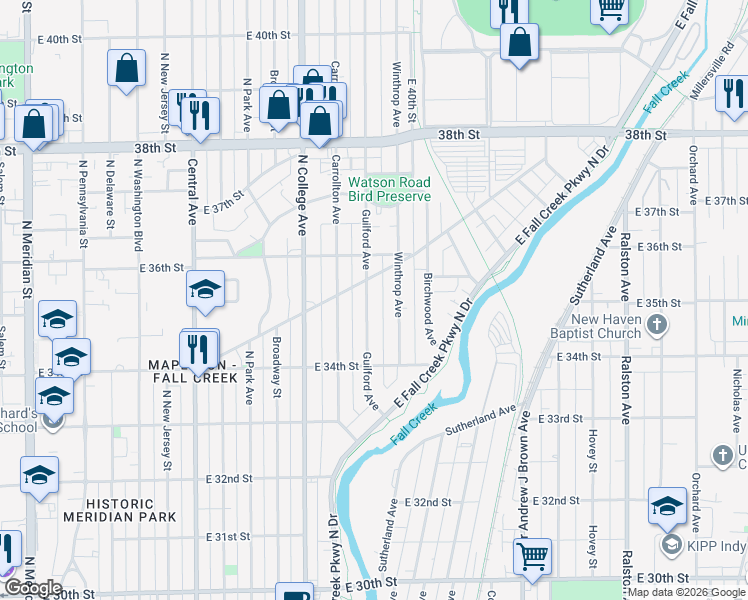 map of restaurants, bars, coffee shops, grocery stores, and more near 3531 Guilford Avenue in Indianapolis