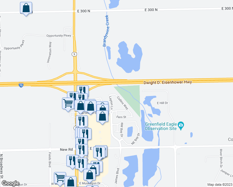 map of restaurants, bars, coffee shops, grocery stores, and more near 2399 Collins Way in Greenfield