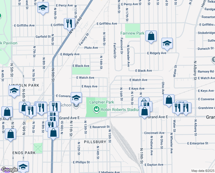 map of restaurants, bars, coffee shops, grocery stores, and more near 1498 North Michigan Avenue in Springfield