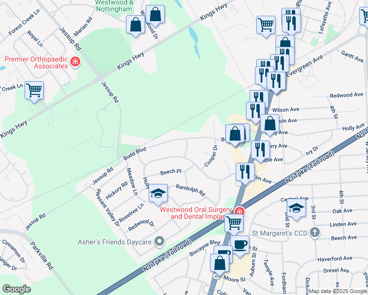 map of restaurants, bars, coffee shops, grocery stores, and more near 4 Indian Road in Woodbury
