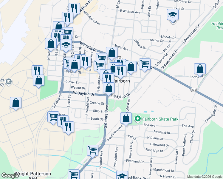 map of restaurants, bars, coffee shops, grocery stores, and more near 34 South Central Avenue in Fairborn