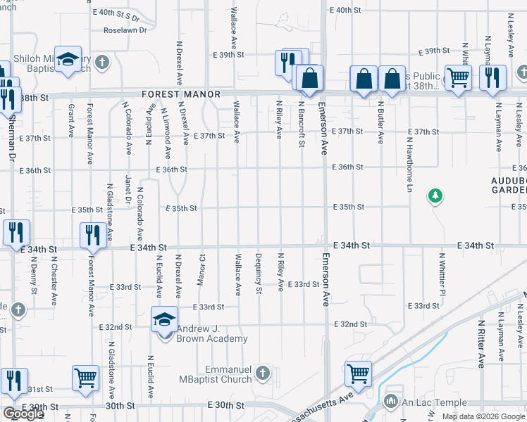 map of restaurants, bars, coffee shops, grocery stores, and more near 3508 Dequincy Street in Indianapolis