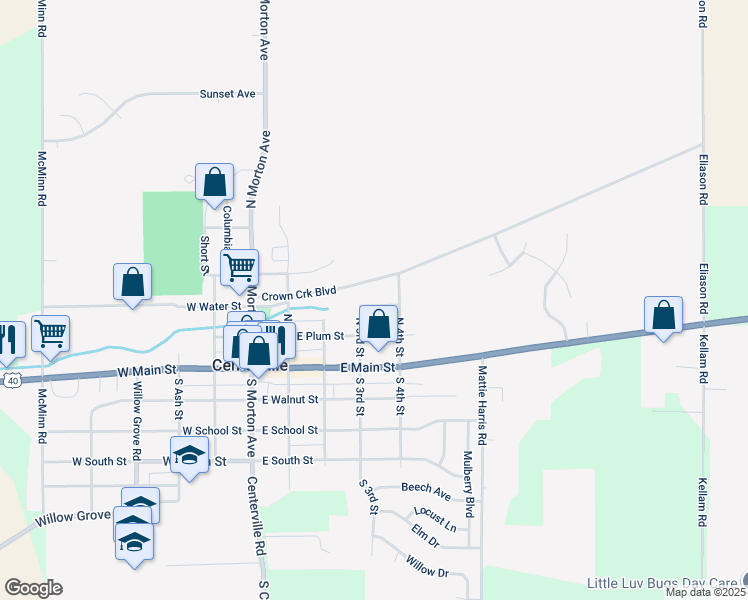 map of restaurants, bars, coffee shops, grocery stores, and more near 404 East Water Street in Centerville
