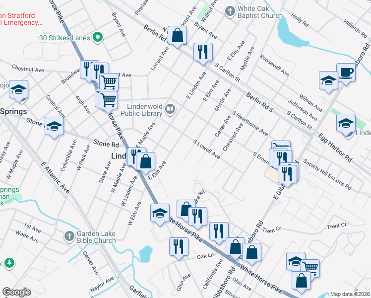 map of restaurants, bars, coffee shops, grocery stores, and more near 225 East Elm Avenue in Lindenwold