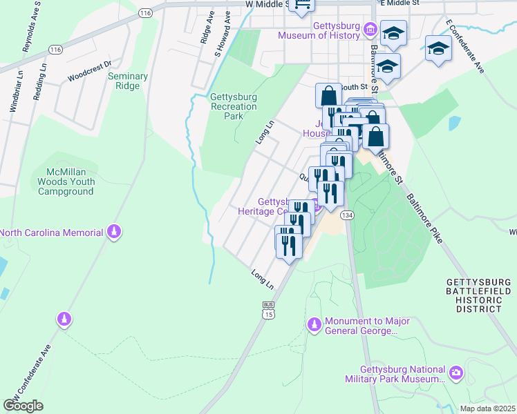 map of restaurants, bars, coffee shops, grocery stores, and more near 839 Fairview Avenue in Gettysburg