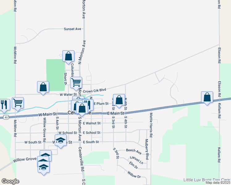 map of restaurants, bars, coffee shops, grocery stores, and more near 404 East Water Street in Centerville
