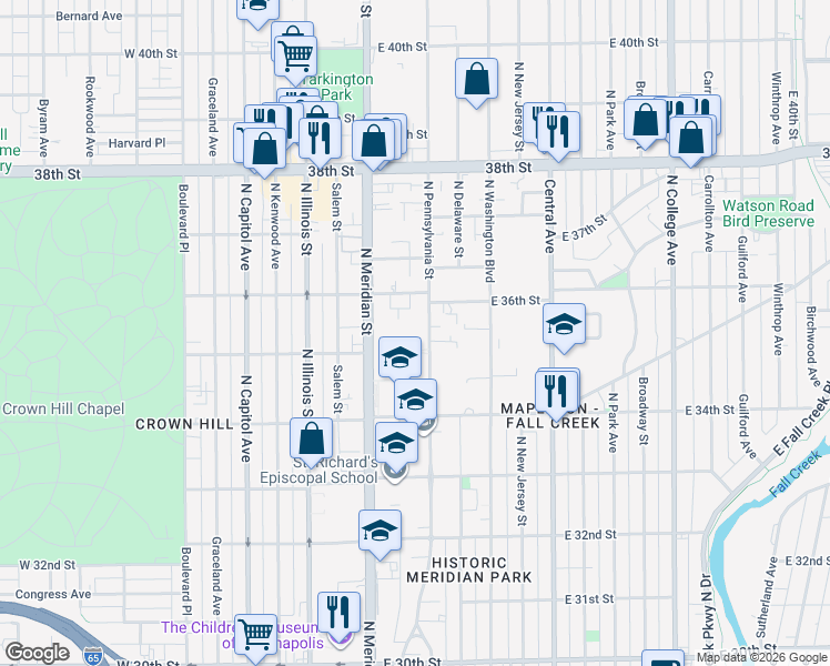map of restaurants, bars, coffee shops, grocery stores, and more near 3526 North Pennsylvania Street in Indianapolis