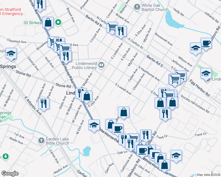 map of restaurants, bars, coffee shops, grocery stores, and more near 225 East Elm Avenue in Lindenwold