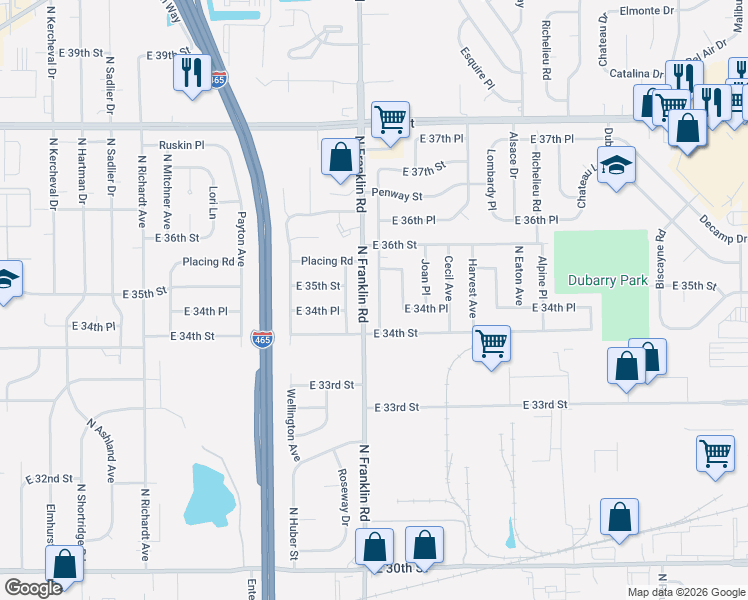 map of restaurants, bars, coffee shops, grocery stores, and more near 3514 Tiffany Drive in Indianapolis