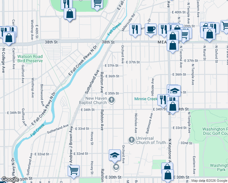 map of restaurants, bars, coffee shops, grocery stores, and more near 3520 Schofield Avenue in Indianapolis