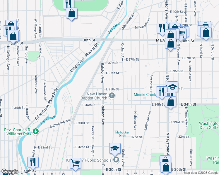 map of restaurants, bars, coffee shops, grocery stores, and more near 3520 Schofield Avenue in Indianapolis