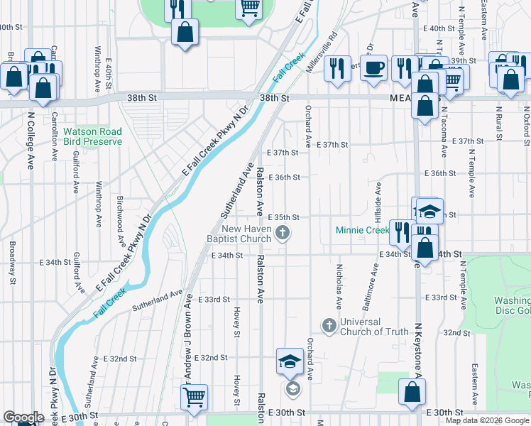 map of restaurants, bars, coffee shops, grocery stores, and more near 3512 Ralston Avenue in Indianapolis